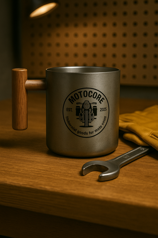 MOTOCORE™ 工業風雙層不鏽鋼杯｜胡桃木手柄・原木杯蓋・400ml